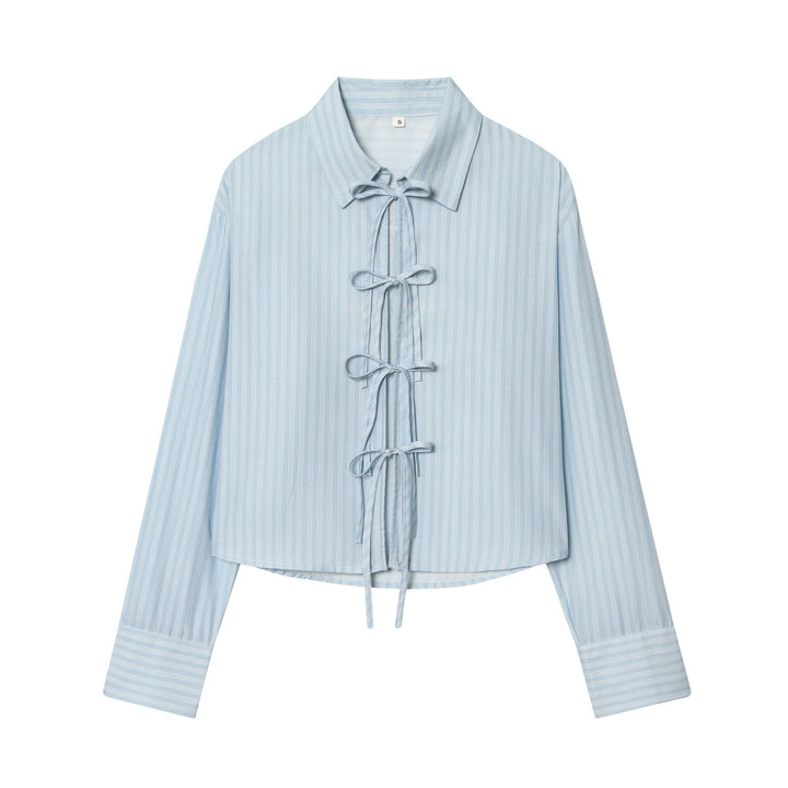 Damen nan gestreifte Bluse mit Krawatten-Front, Hemdkragen und weitem Manschettenärmel Drune