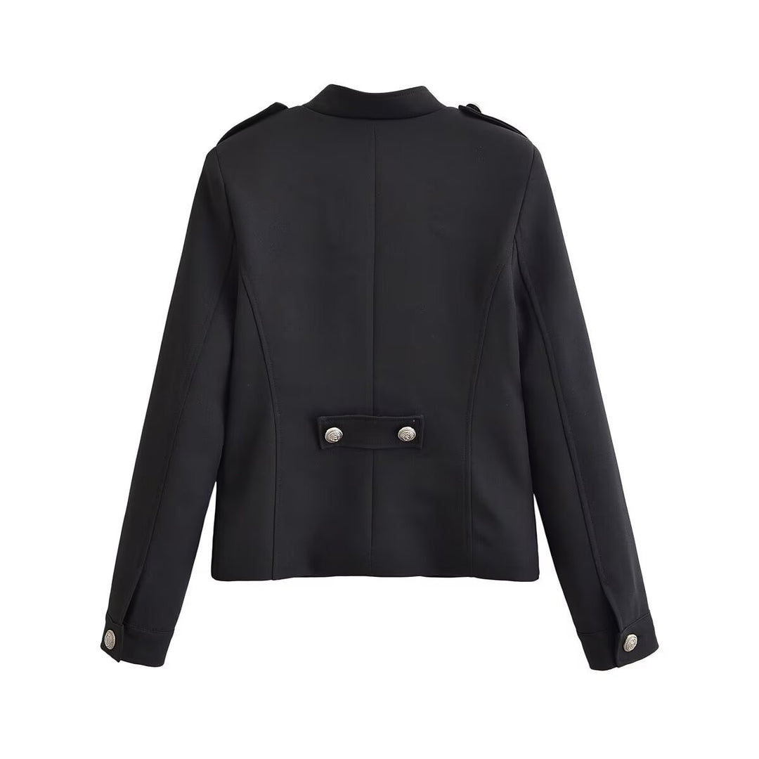 Damen Kurzer Stehkragen-Blazer mit doppelter Zierknopfleiste und Epauletten Drune