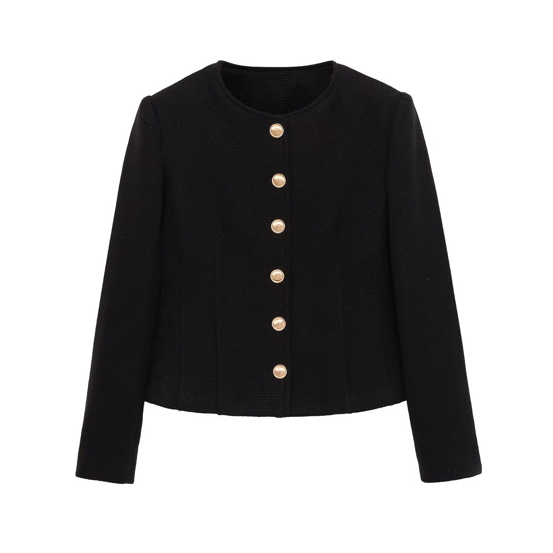 Damen Kurzblazer aus Bouclé mit Rundhals und goldenen Zierknöpfen Drune