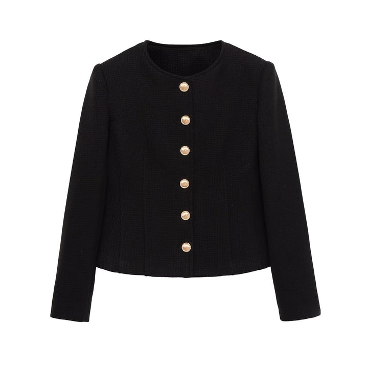 Damen Kurzblazer aus Bouclé mit Rundhals und goldenen Zierknöpfen Drune