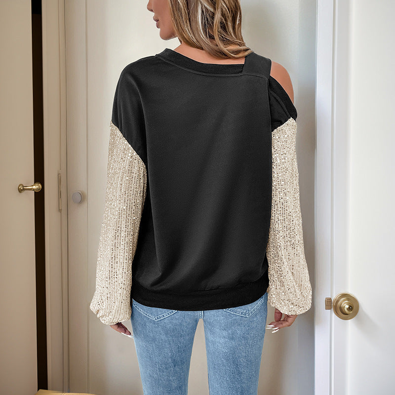 Damen Asymmetrisches Sweatshirt mit Schulterauschnitt und Paillettenstrickärmeln Drune