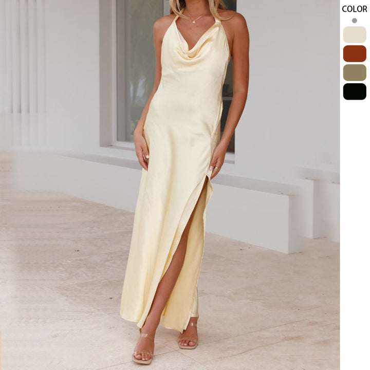 Damen elegantes Maxikleid mit fließendem Satin-Ausschnitt und hohem Schlitz Drune