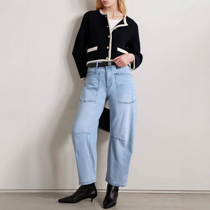Damen nan lässige Canvas-Hose mit hohem Bund, weitem Bein und aufgesetzten Taschen Drune