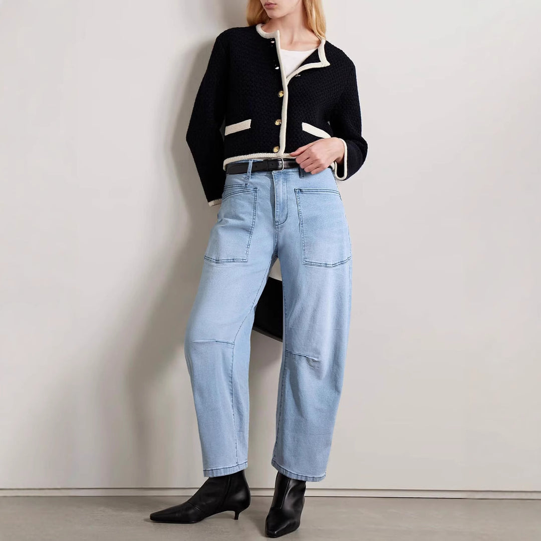 Damen halbhohe Denim-Hose mit einzigartigen aufgesetzten Taschen Drune