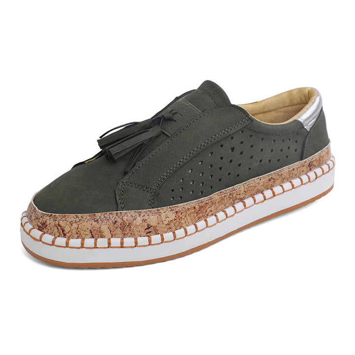 Damen nan perforierter Slip-On Sneaker mit Quasten, Kork-Plateau und dekorativer Handnaht Drune