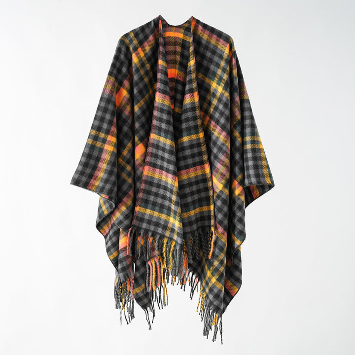 Damen Karierter Wollmix Poncho mit Fransen und offenem Oversize Fall Drune