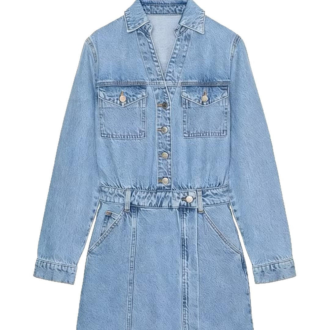 Damen Tailliertes Jeans-Minikleid mit Hemdkragen, aufgesetzten Brusttaschen und dekorativer Knopfleiste Drune