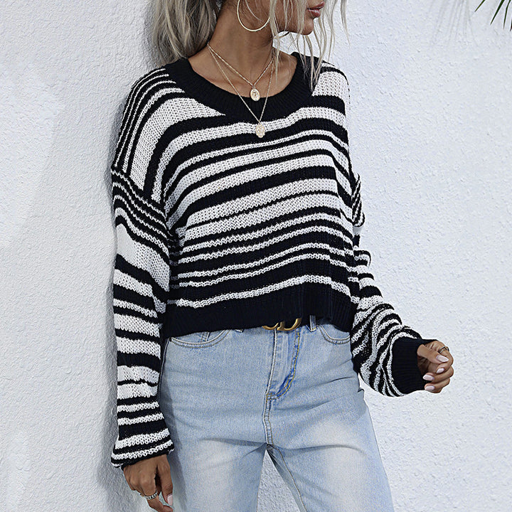 Damen Cropped-Strickpullover mit Off-Shoulder, lockerer Oversize-Passform & Streifenmuster Drune
