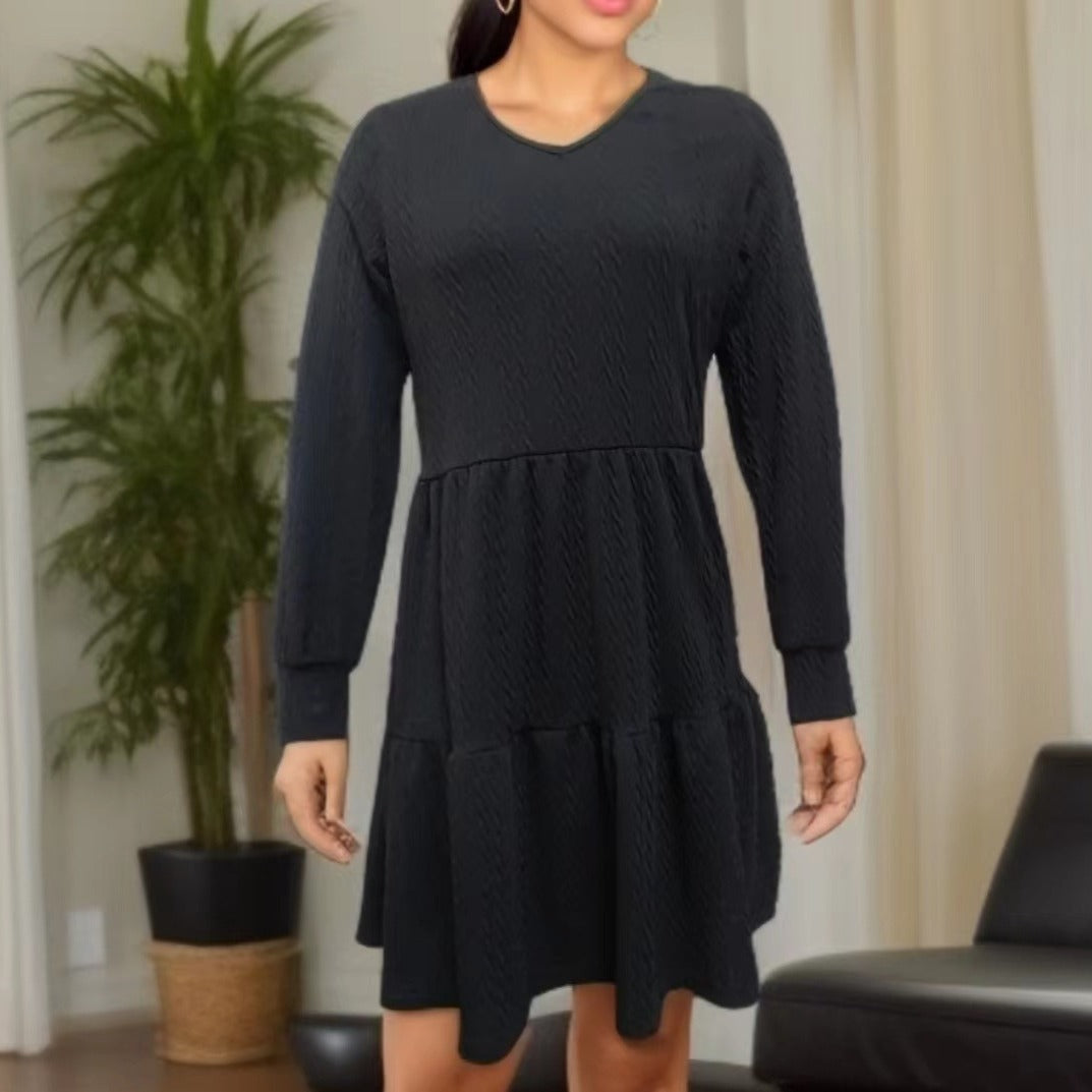 Damen lässiges V-Ausschnitt Kleid mit weitem Saum Drune