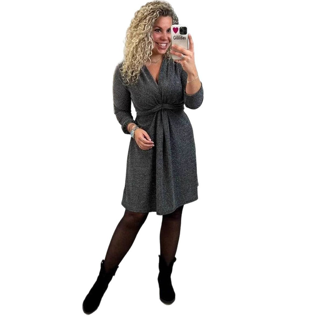 Damen nan knielanges V-Ausschnitt-Kleid mit geraffter Taillenpasse aus leichtem Glanzstrick Drune