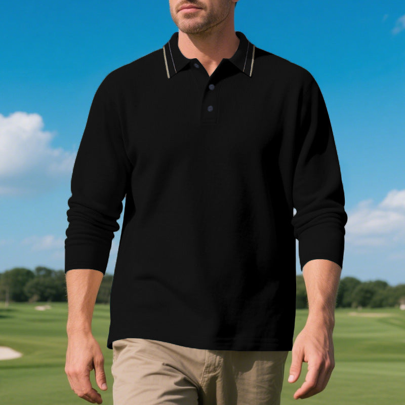 Herren elegantes Langarm-Polohemd mit kontrastierendem Kragen und modischen Knopfdetails Drune
