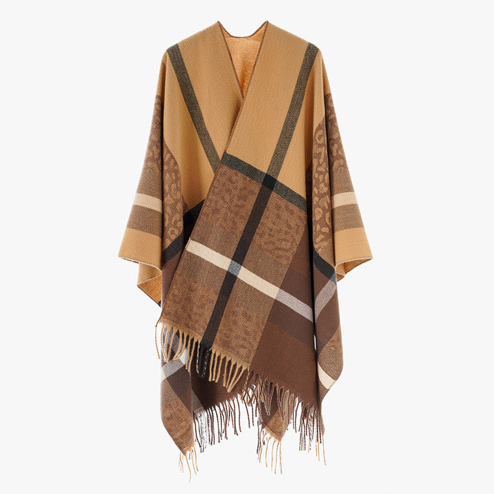 Damen Übergroßer Poncho mit Fransen und Karomuster Drune