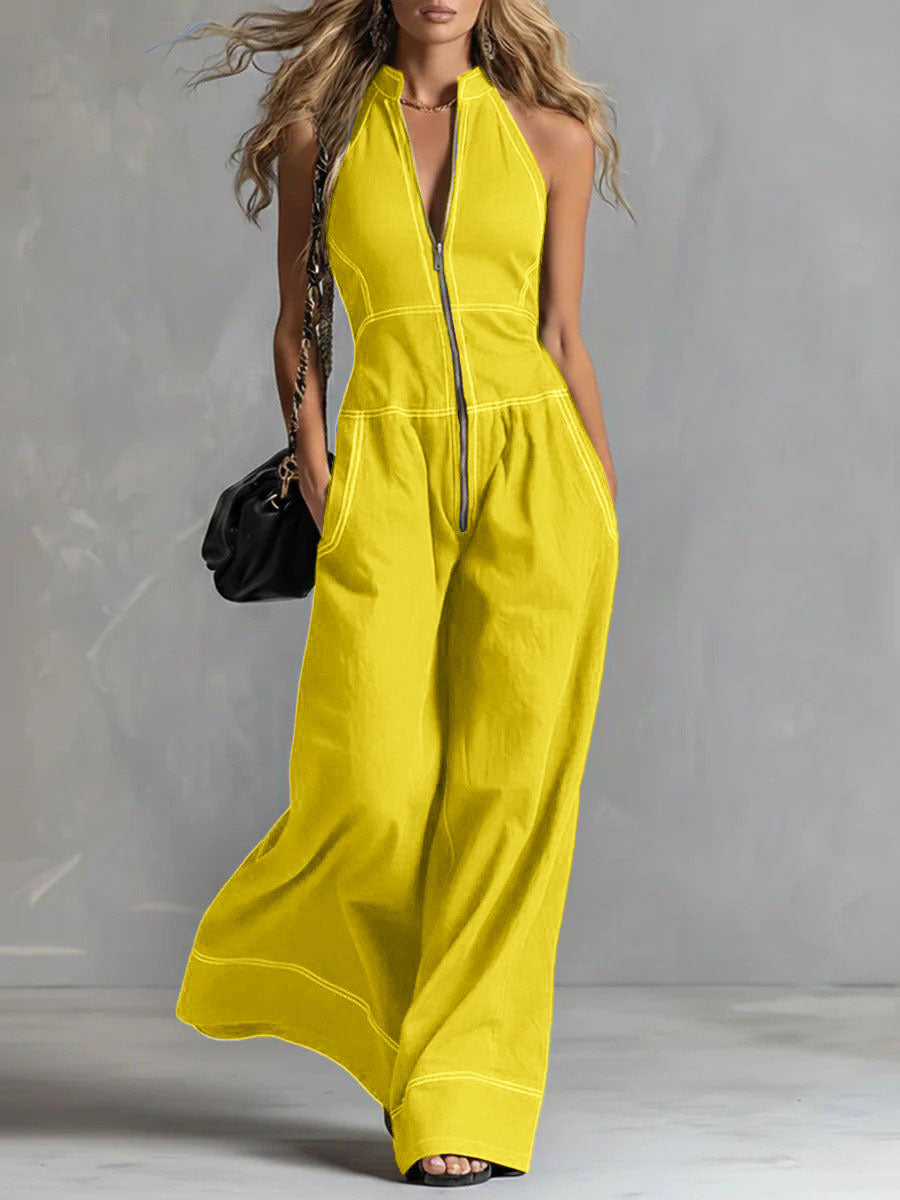 Damen Ärmelloser Halter-Jumpsuit mit Reißverschluss, weitem Bein und Eingrifftaschen Drune