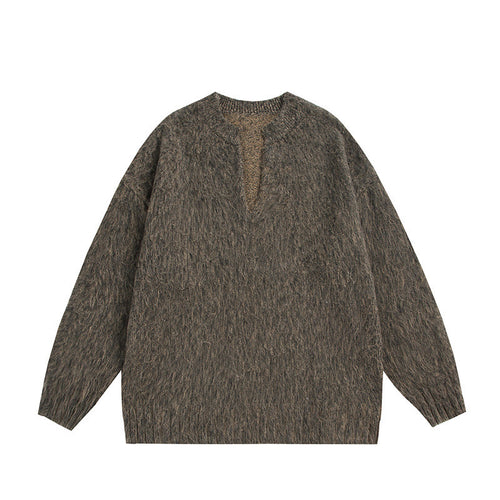 Unisex Oversize-Flauschpullover mit V-Schlitzkragen und Bouclé-Optik Drune