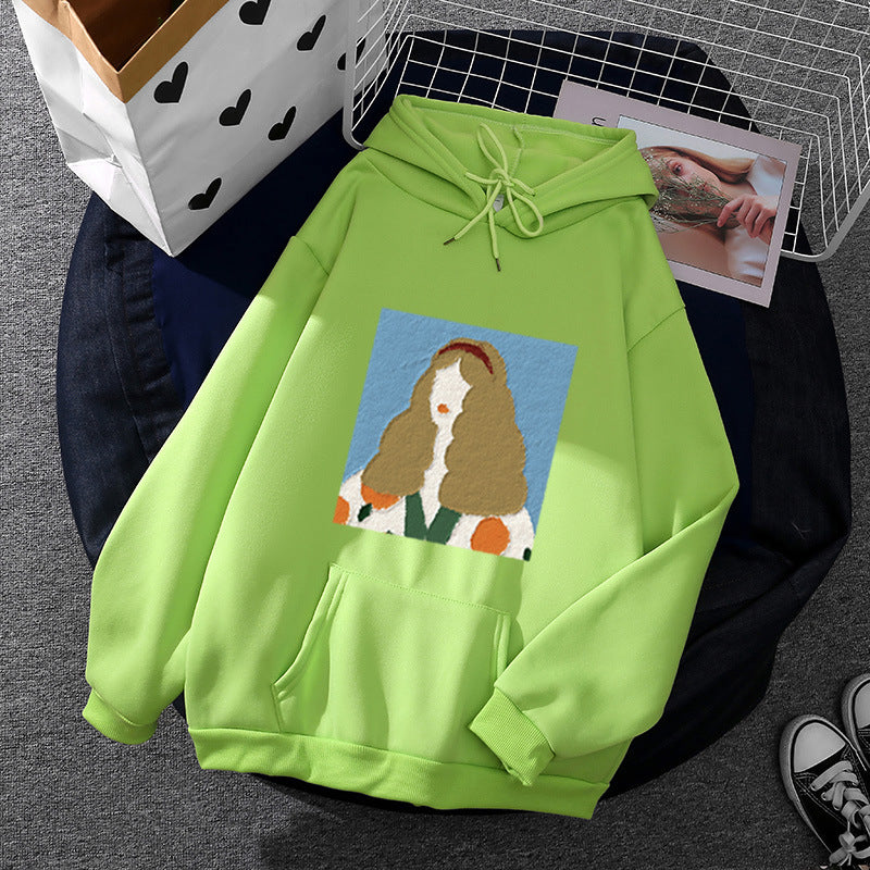 Damen nan Kapuzenpullover mit kunstvoller Chenille-Stickerei im Portraitstil und Kängurutasche Drune