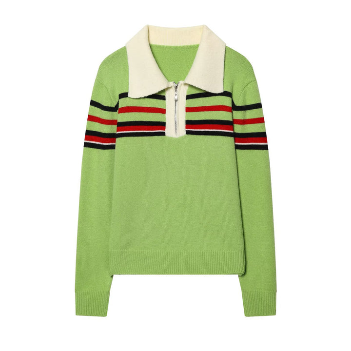 Damen Gestreifter Strickpullover mit halbem Reißverschluss und großem Hemdkragen Drune