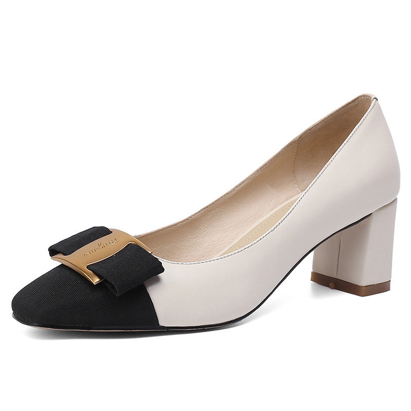 Damen nan zweifarbige Pumps mit Kontrastspitze dekorativer Schleife und mittelhohem Blockabsatz Drune