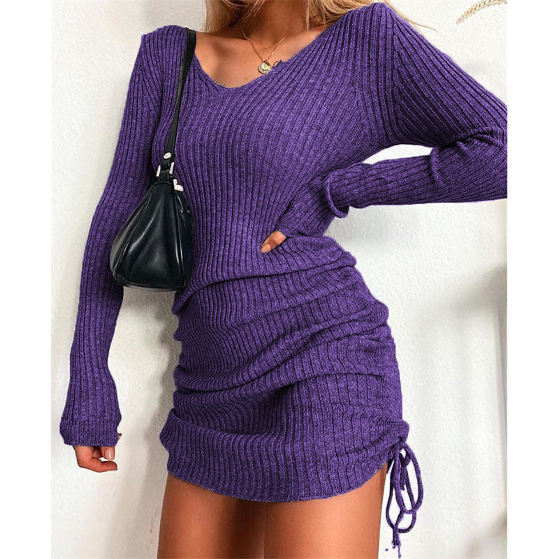 Damen Figurbetontes Rippstrick-Minikleid mit langen Ärmeln und seitlicher Raffung Drune