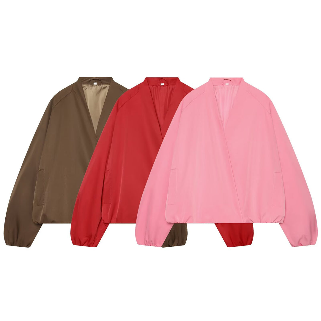 Damen Oversize Cropped Bomberjacke mit offenem V-Ausschnitt und elastischem Saum Drune