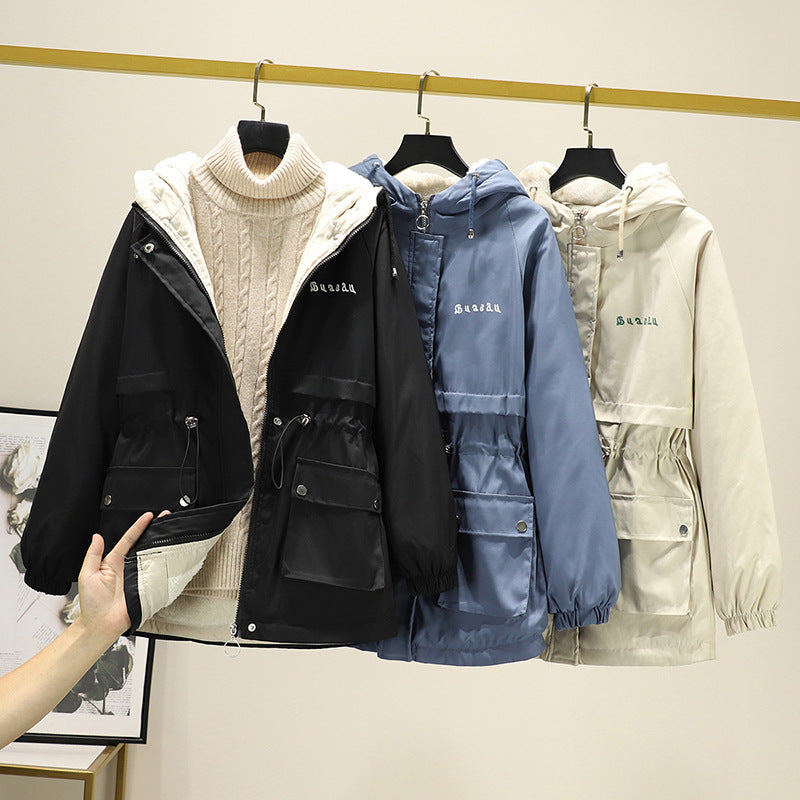 Damen Wasserabweisender Kapuzenparka mit Teddyfutter Tunnelzugtaillierung und Mehrfachtaschen Drune