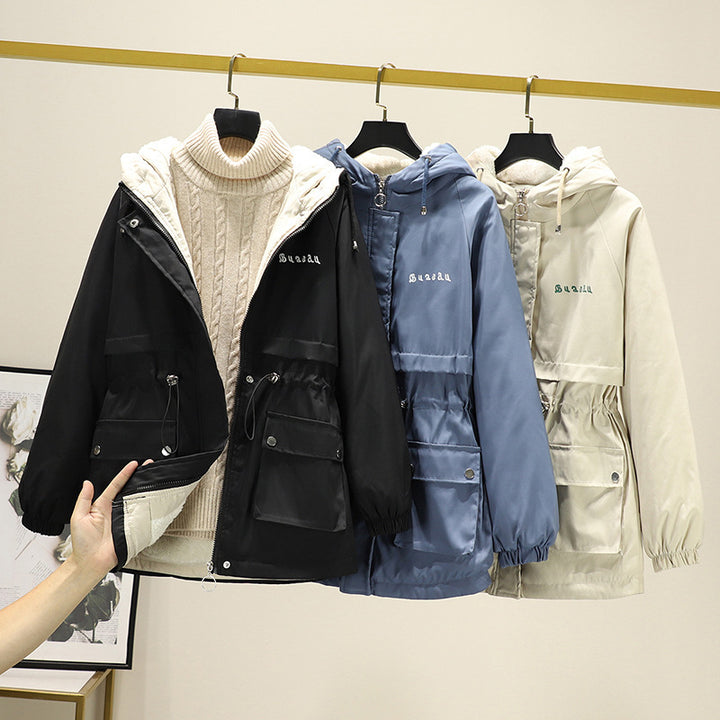 Damen Wasserabweisender Kapuzenparka mit Teddyfutter Tunnelzugtaillierung und Mehrfachtaschen Drune