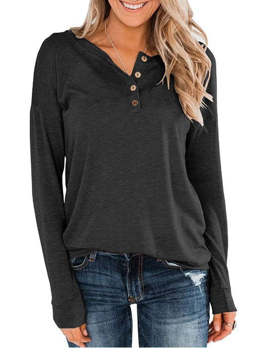 Damen modisches Langarm-Henley-Shirt mit Knopfleiste Drune