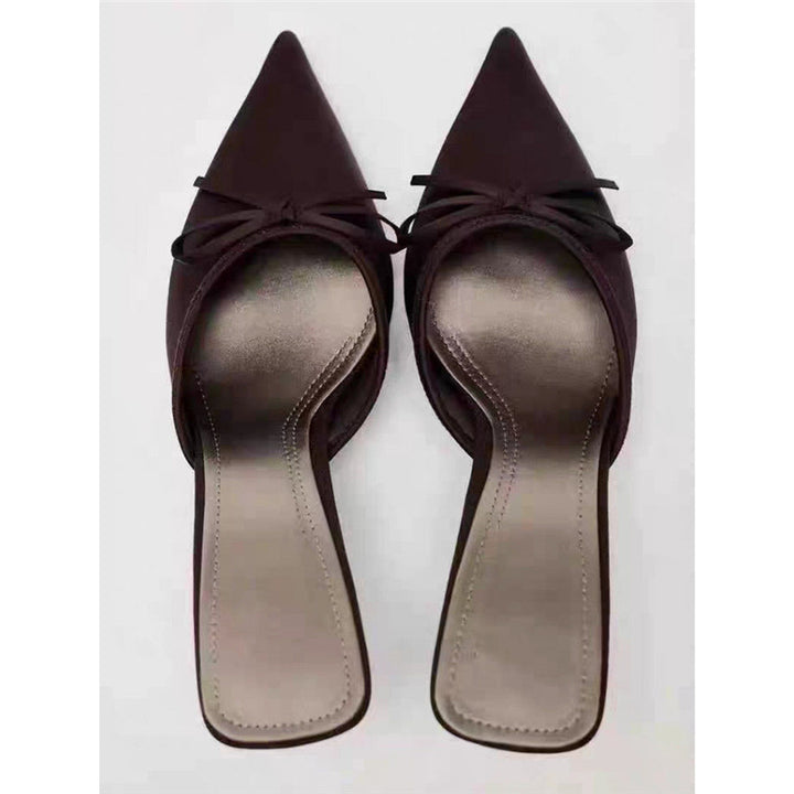Damen Spitz zulaufende Satinähnliche Mule mit zierlicher Schleifen-Applikation und schlankem Stiletto-Absatz Drune