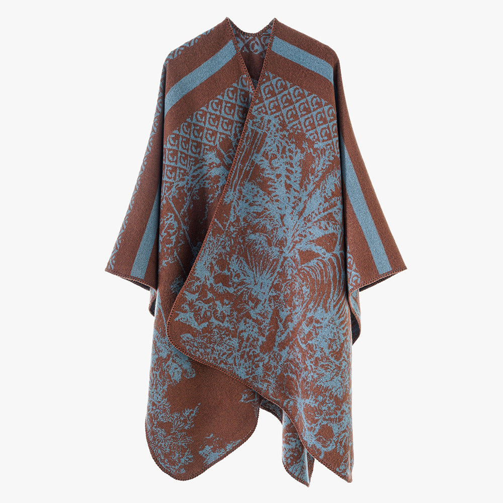Damen Luxuriöser Jacquard-Motivponcho mit asymmetrischem Zipfelsaum Drune