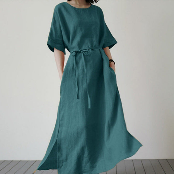Damen Leinenmaxikleid mit weit geschnittenen Ärmeln und Taillengürtel Drune