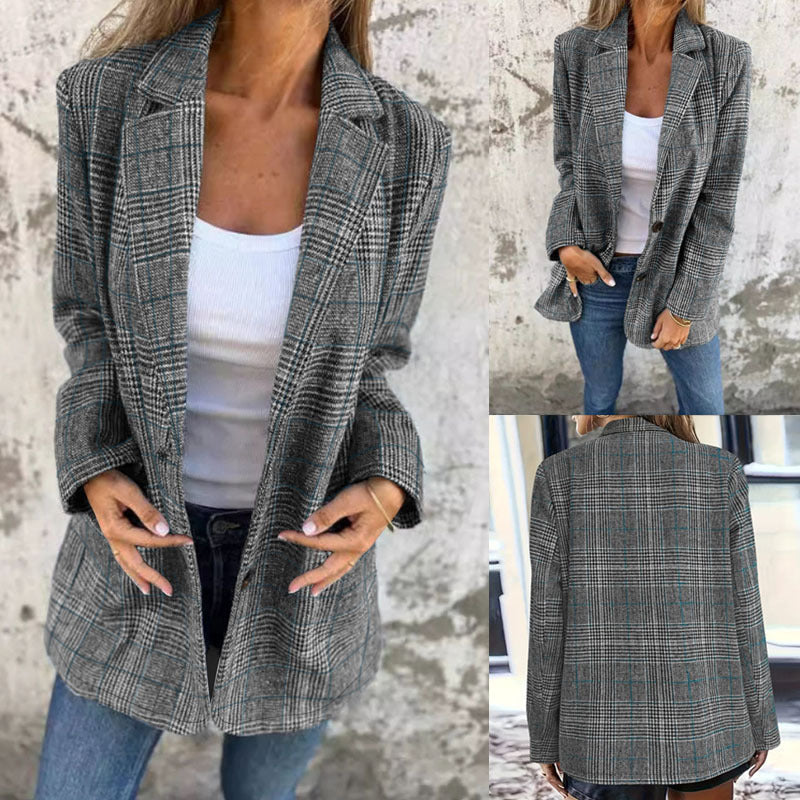 Damen Lockerer Glencheck-Blazer mit Reverskragen, Pattentaschen und Ein-Knopf-Verschluss Drune