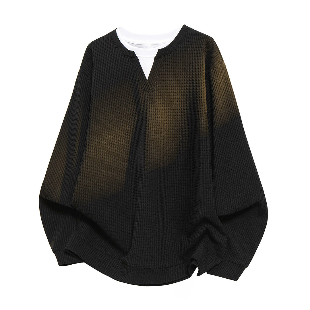 Herren Oversize Waffelstruktur-Langarmshirt mit V‑Einsatz und Layering-Optik Drune