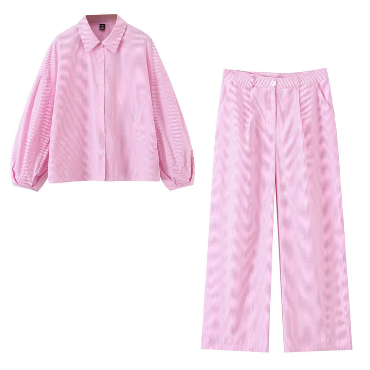 Damen Zweiteiliges gestreiftes Set mit Oversize-Hemd und High‑Waist-Plazzohose Drune