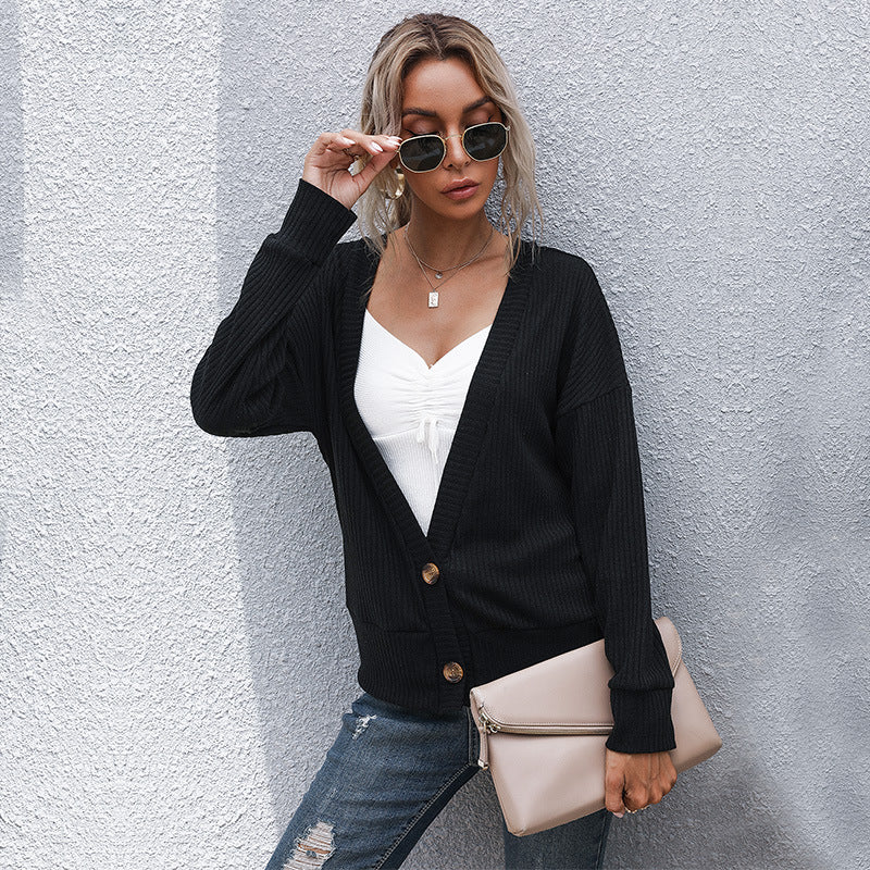 Damen Offene Feinstrick-Cardigan mit Rippenstruktur, Knopfleiste und lockerer Passform Drune