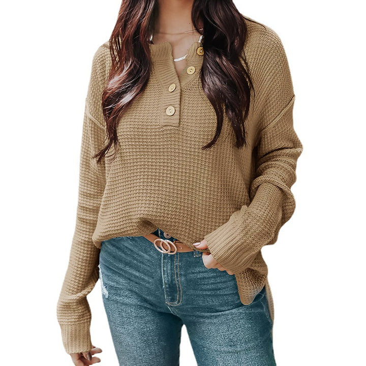 Damen nan lockerer Waffelstruktur Henley Pullover mit Knopfleiste und überschnittener Schulter Drune