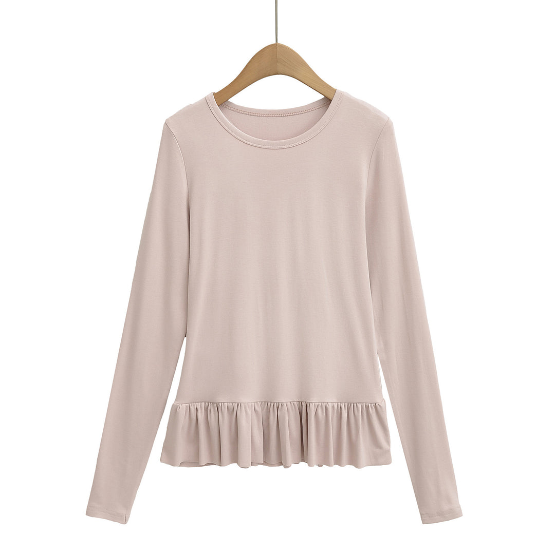 Damen Longsleeve Top mit Rüschensaum und Rundhalsausschnitt Drune