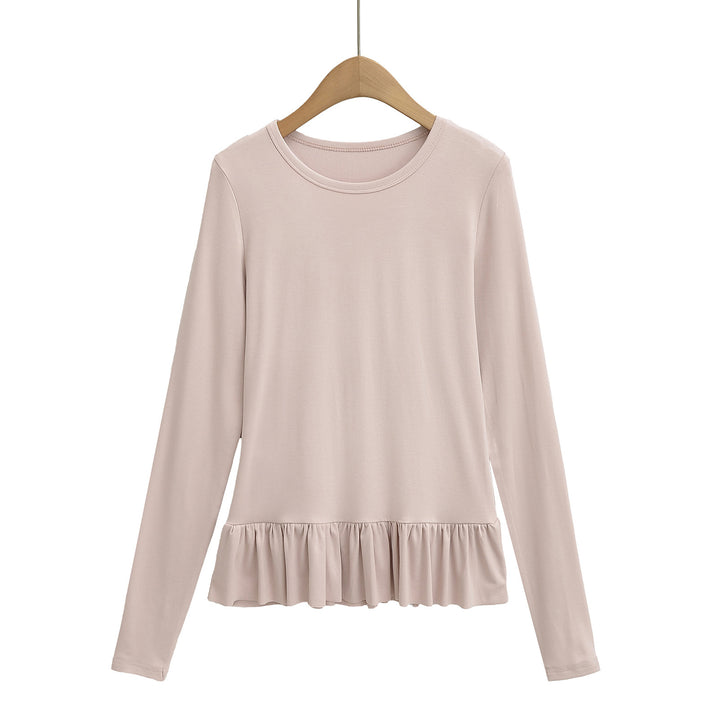 Damen Longsleeve Top mit Rüschensaum und Rundhalsausschnitt Drune