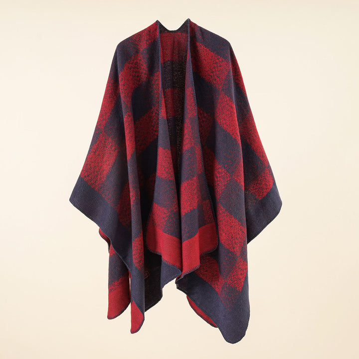 Damen Vielseitiger Wollmix-Überwurf im kastigen Kimono-Fall mit großflächigem Karojacquard Drune