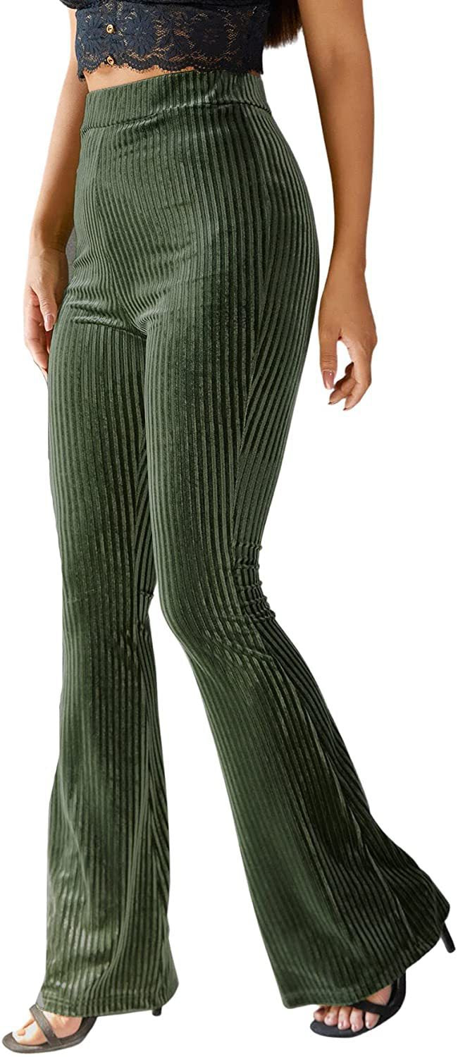 Damen nan hoch taillierte gerippte Samt-Schlaghose mit weitem Schlag und Stretchbund Drune