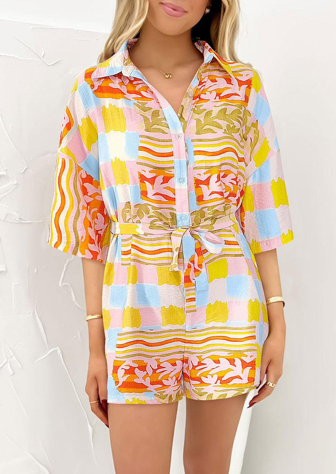 Damen Leichte Kurzarm-Bluse mit Bindegürtel Drune