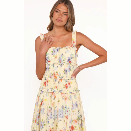 Damen nan luftig-leichte Stufenmidikleid mit gerafftem Oberteil und Rüschen-Trägern Drune