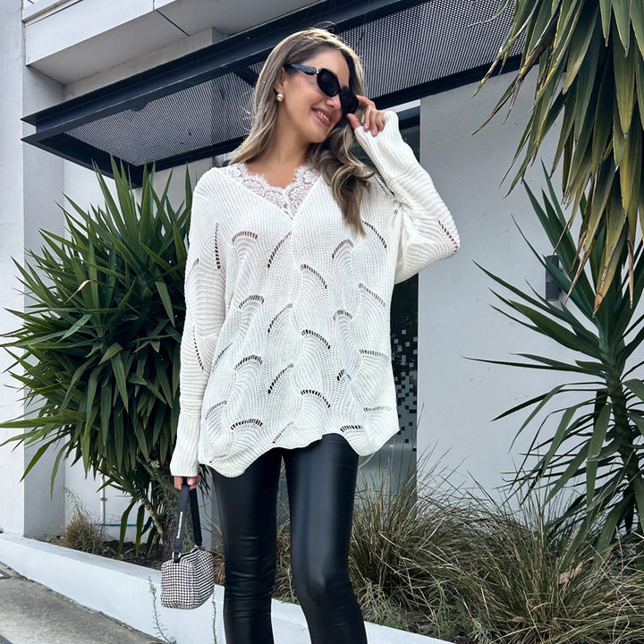 Damen Oversize-Strickpullover mit V-Ausschnitt und Spitzeneinsatz Drune