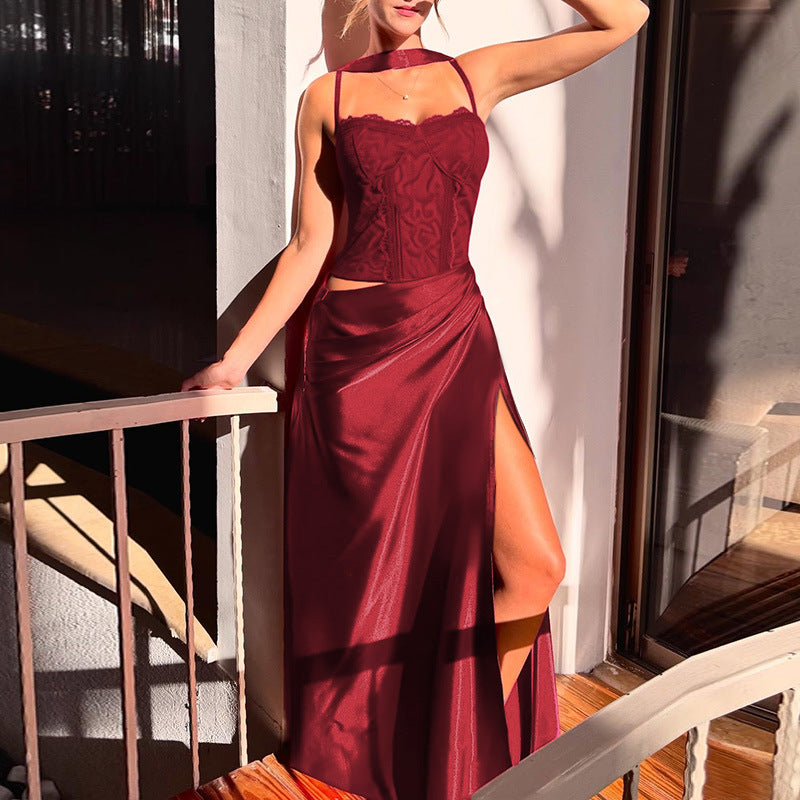 Damen elegantes Maxikleid mit Spitzenoberteil und fließendem Rock Drune