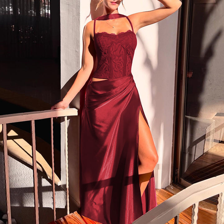 Damen elegantes Maxikleid mit Spitzenoberteil und fließendem Rock Drune
