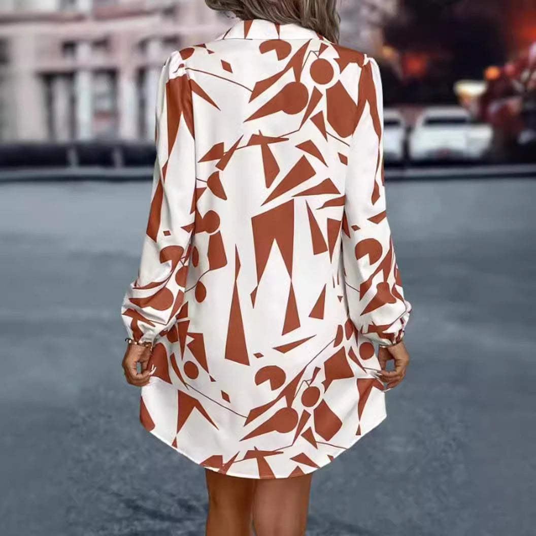 Damen Hemdblusen-Kleid mit modernem geometrischem Druck und praktischen Knopfdetails Drune