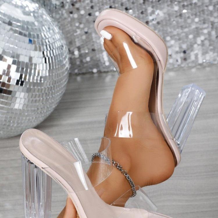 Damen Zweistreifige Mule-Sandalette mit transparenten PVC-Riemen und facettiertem Acrylblockabsatz Drune