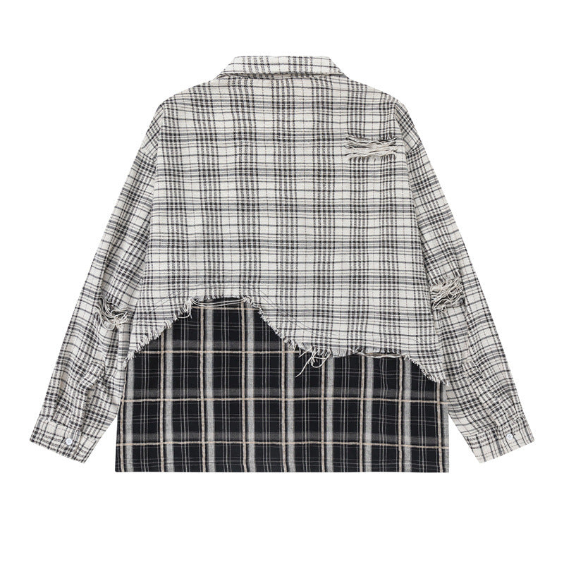Unisex Oversize-Hemdjacke mit Lagenlook, ausgefranstem Saum und Karomix Drune