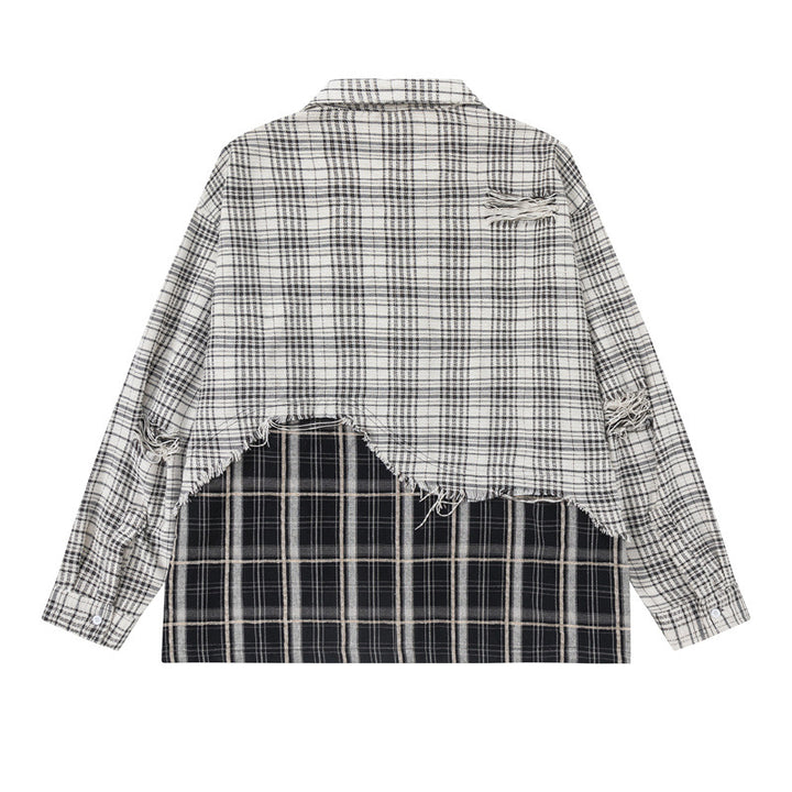 Unisex Oversize-Hemdjacke mit Lagenlook, ausgefranstem Saum und Karomix Drune