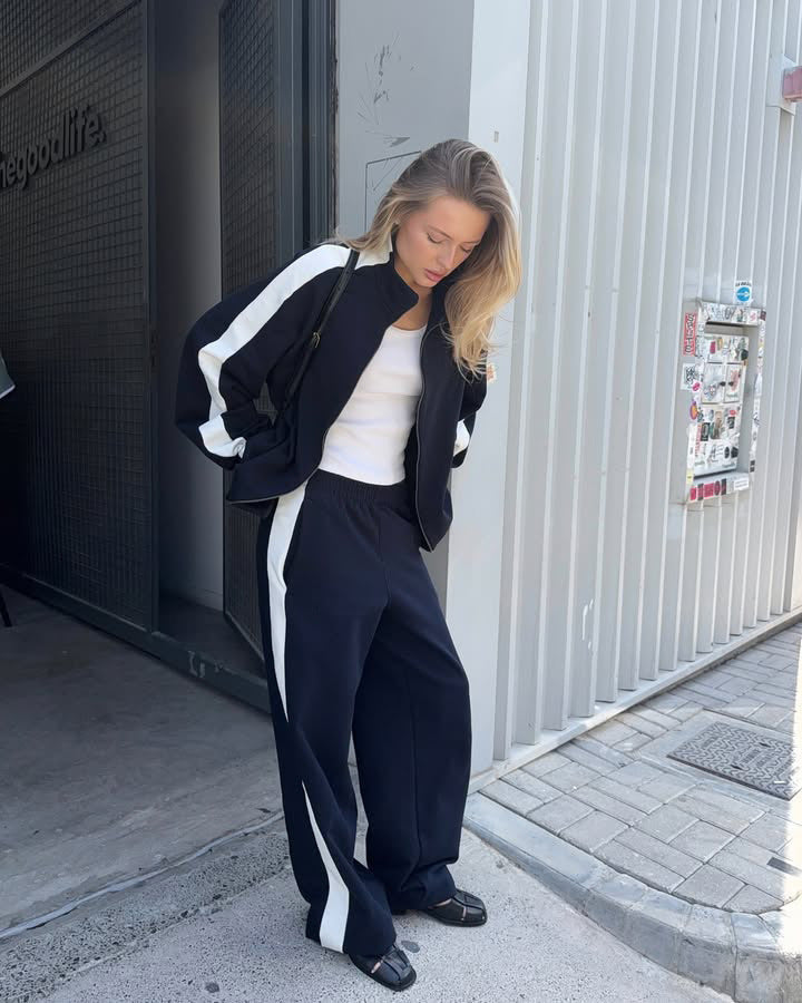 Damen gekürztes Zip-Hoodie mit elastischem Saum und hochgeschnittener High-Waist-Lounge-Jogginghose aus softem French-Terry Drune
