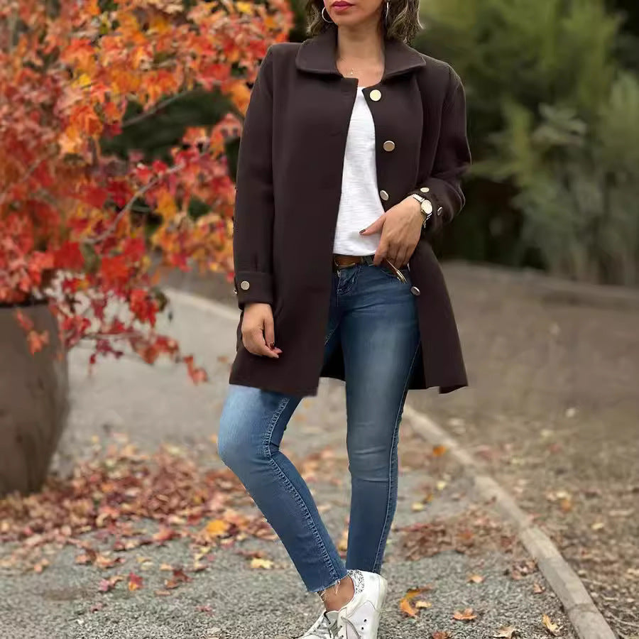 Damen Oversized Wollmantel mit dekorativen Knöpfen und großen Taschen Drune