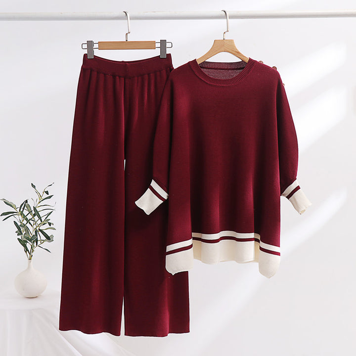 Damen lässiges Strick-Loungewear-Set mit modischem Kontrastsaum und weitem Schnitt Drune